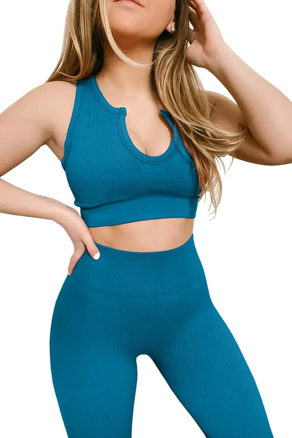 Women'S Yoga Workout Outfits 2 Piece High Waisted Leggings with Sports Bra Gym Clothes Sets Light Blue S